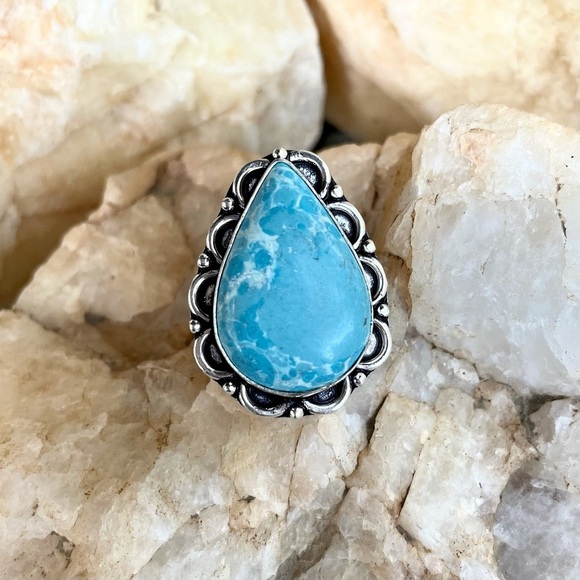 Large sky blue teardrop stone boho fashion ring size 7.5 - Picture 6 of 6
